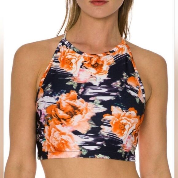 Betsey Johnson Floral High Neck Cross Back Yoga Crop Top - Picture 5 of 10
